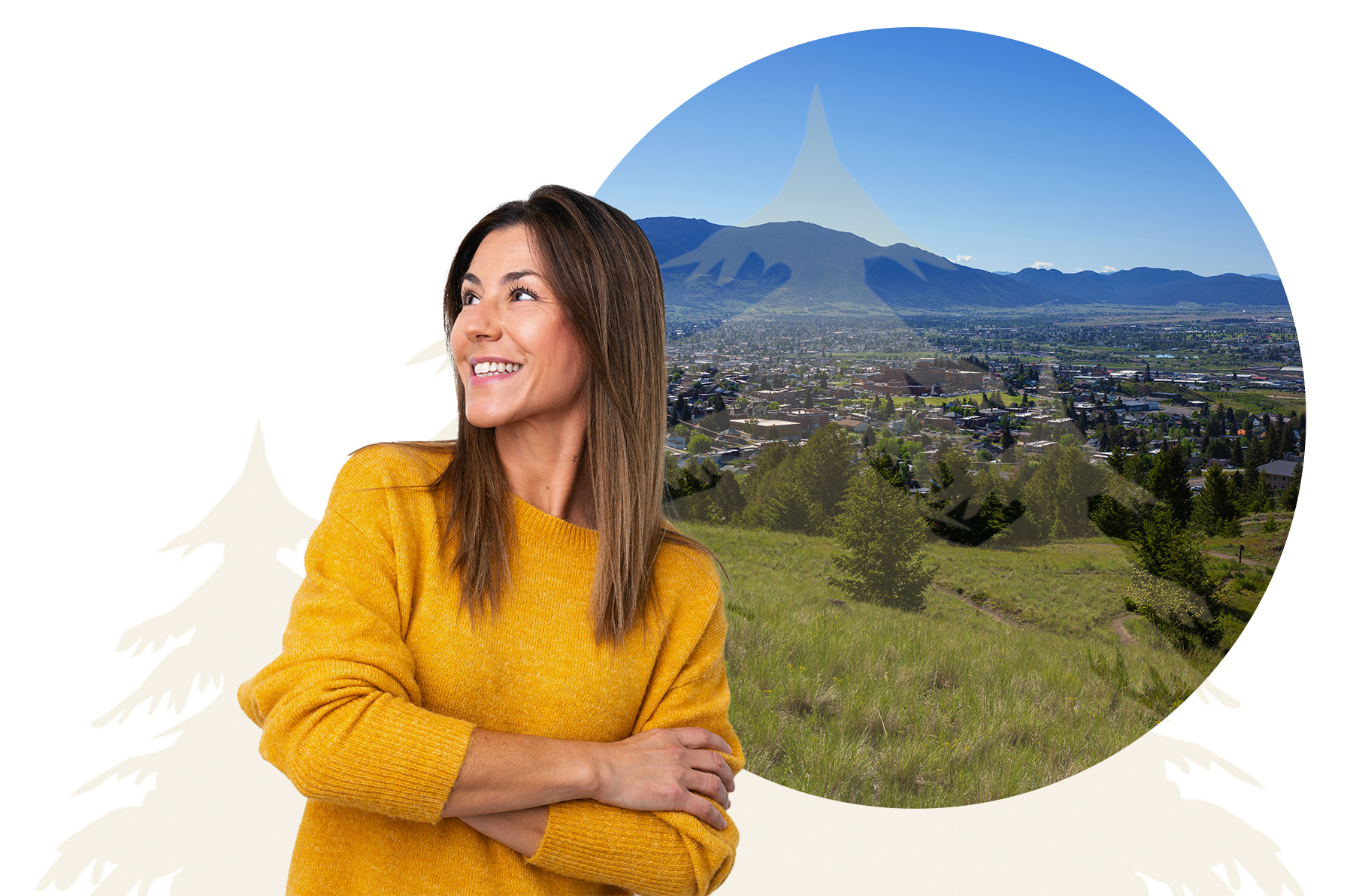 lady in yellow sweater, and Butte landscape