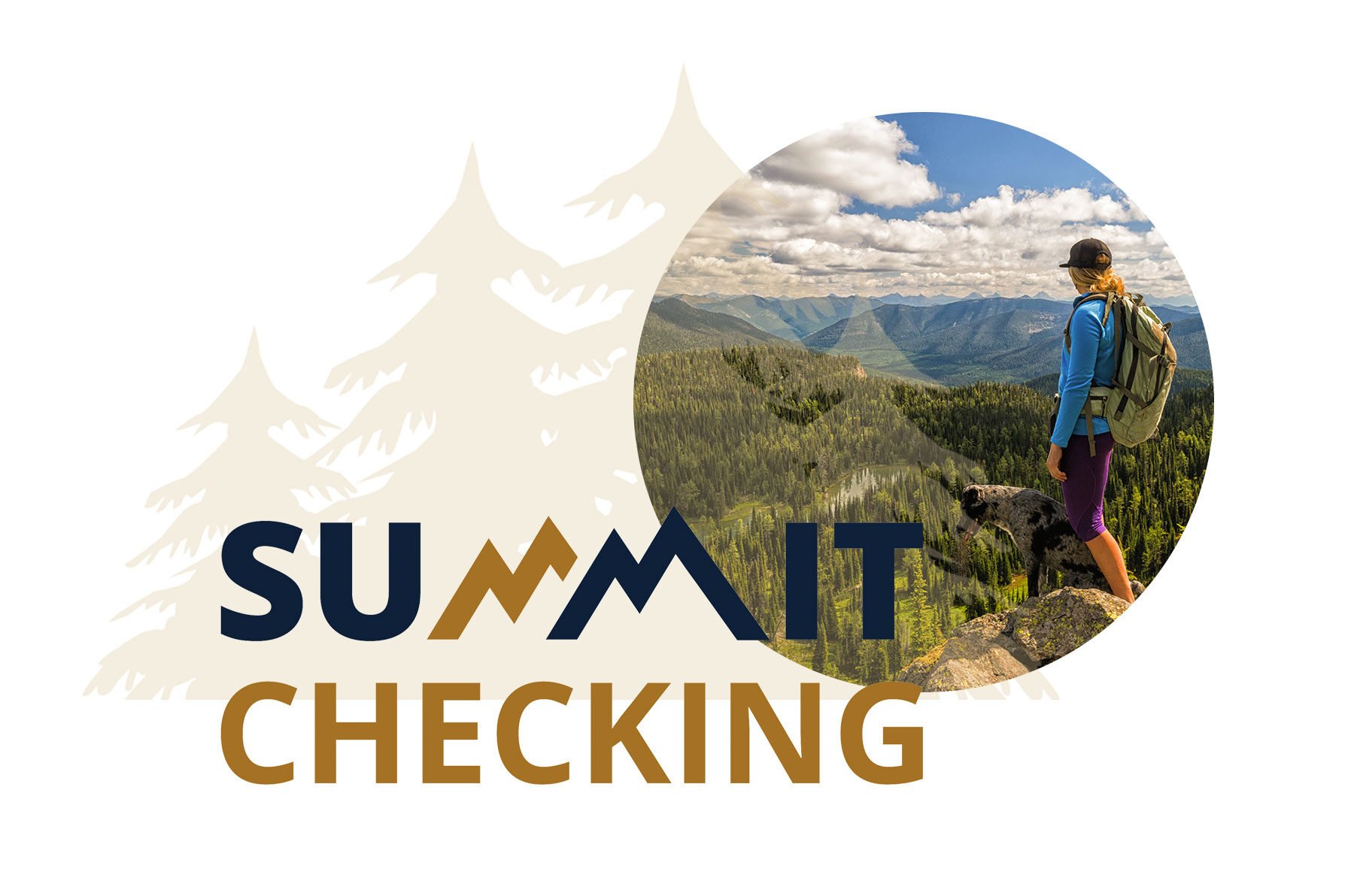 woman on the summit of a mountain and the Summit Checking Logo