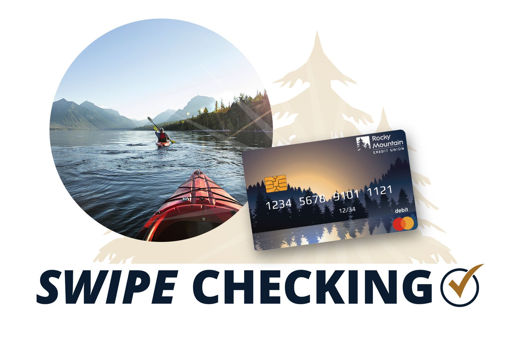 kayaking on a lake, an RMCU debit card and the Swipe Checking Logo